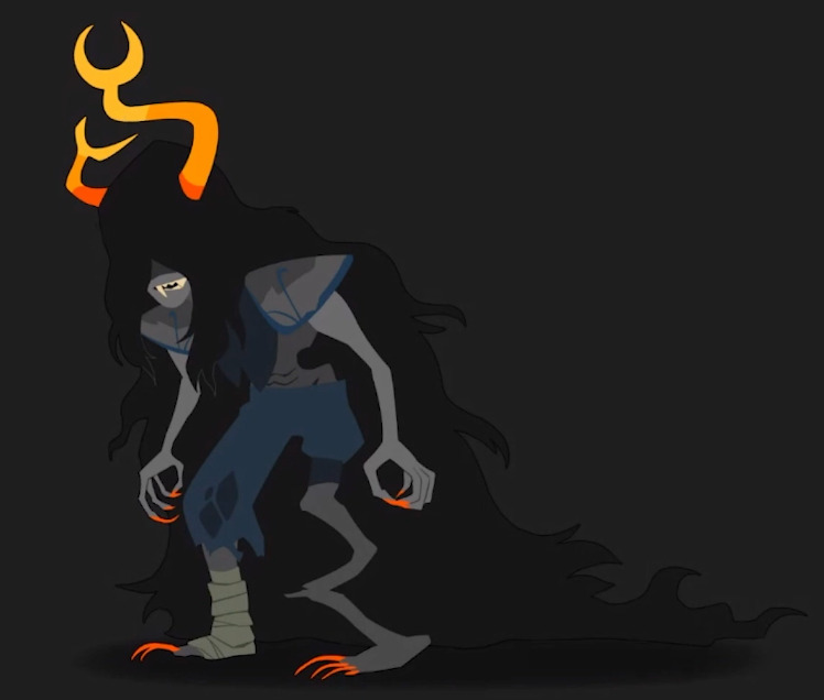 sprite of a deteriorating looking adult troll with long wild hair, overgrown claws and horns, wearing falling apart clothing with shoulderpads and blue pants